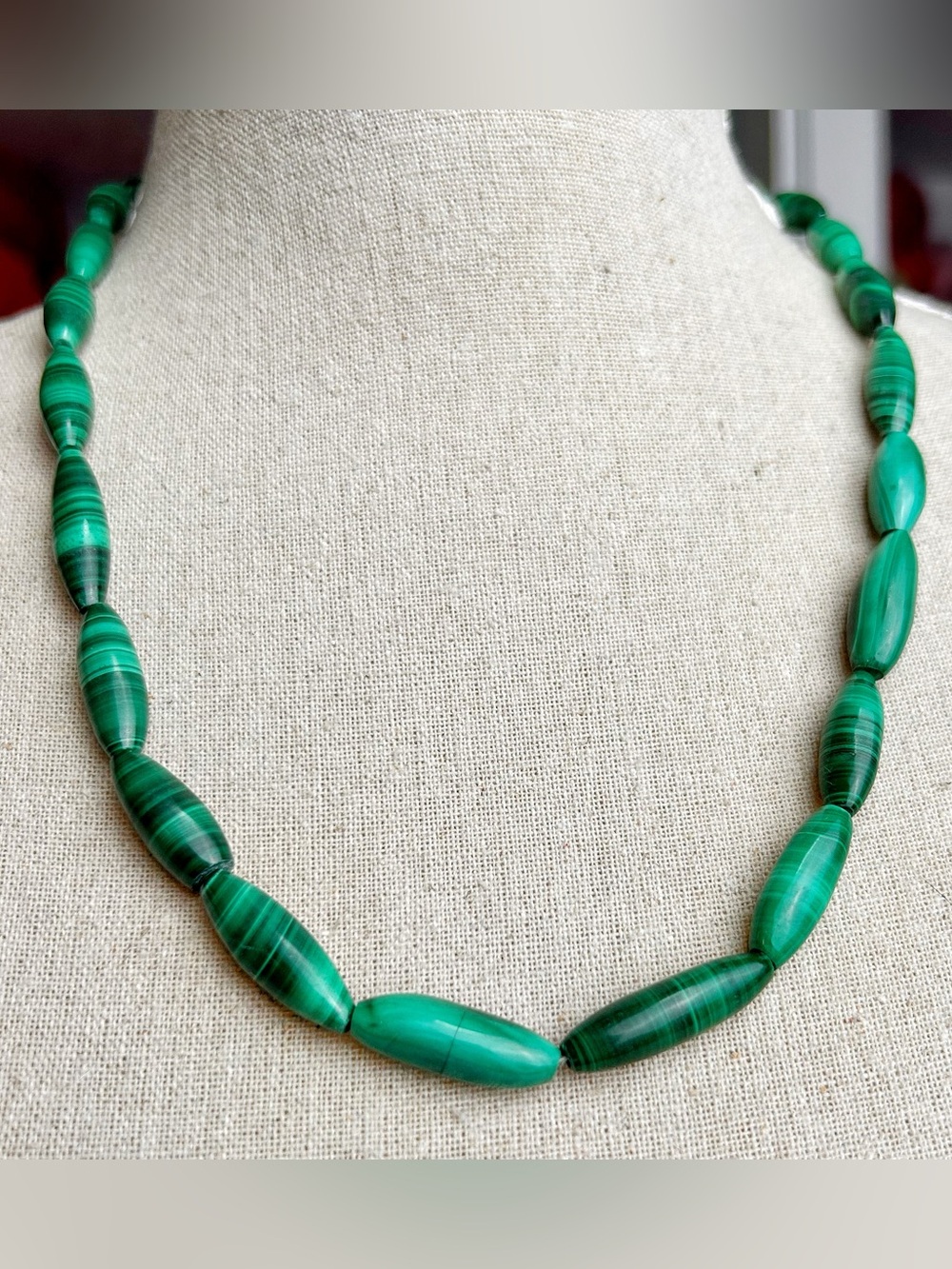Vintage Genuine Malachite Graduated Barrel Bead Necklace - Brass Barrel Clasp